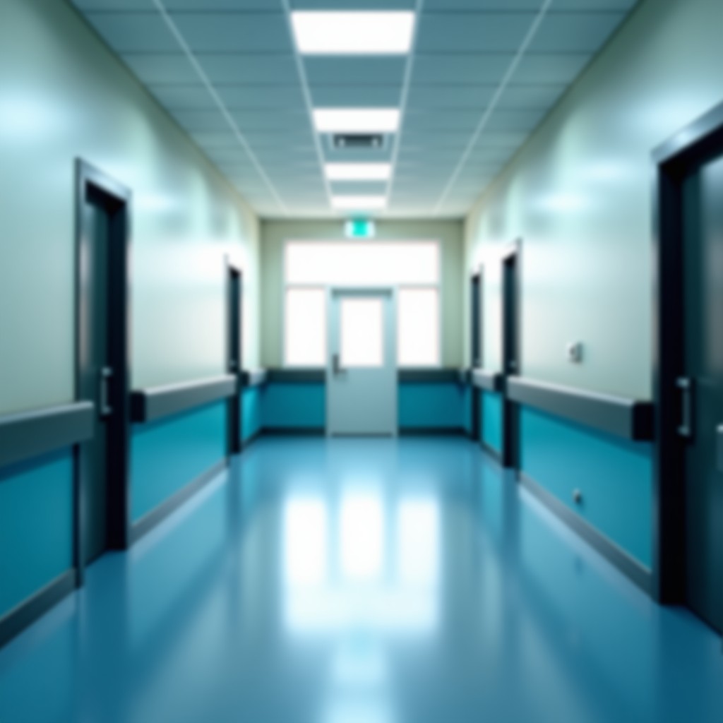 A clean and modern hospital hallway with soft natural light, professional medical environment, blurred background, high resolution, 4:3