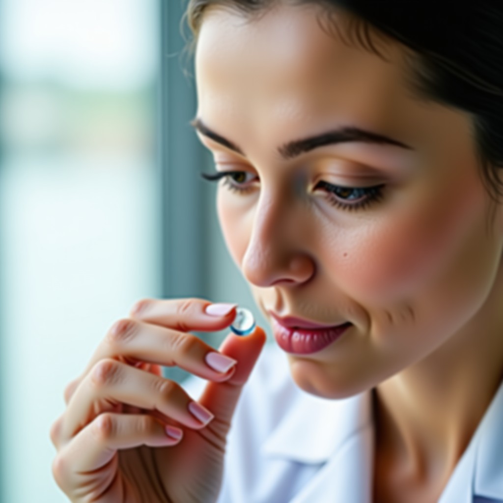 Close-up of a person cleaning a contact lens with solution, clean and hygienic setting, bright natural lighting, macro photography, 1:1