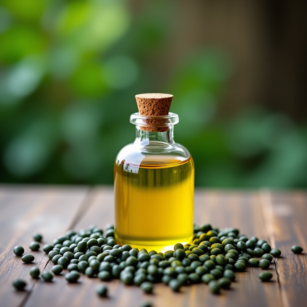 A small transparent glass bottle of fresh perilla oil surrounded by raw perilla seeds on a rustic wooden table, high contrast, minimalist composition, 4:3