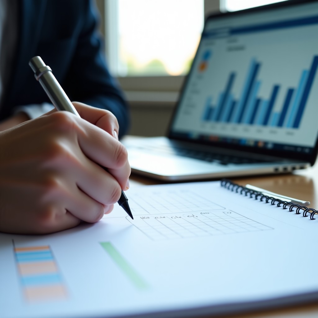Close-up of hands writing important notes on a planner with a laptop in the background showing a digital dashboard. Professional and focused atmosphere. 4:3