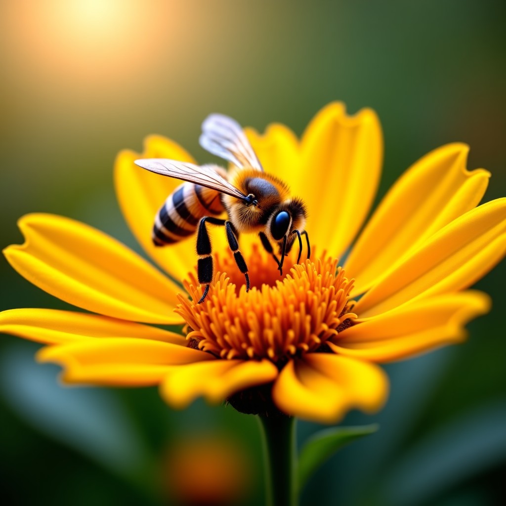 A macro photography of a honey bee collecting nectar from a vibrant flower. The background is softly blurred with natural sunlight. High resolution, vivid colors, realistic style. 4:3