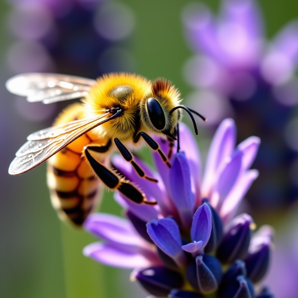 A macro close-up photography of a honeybee covered in golden pollen, hovering over a bright purple lavender flower. Natural sunlight, blurred background of a garden, high detail showing the texture of the bee and flower. 4:3