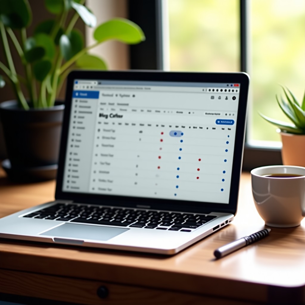 A cozy wooden desk with a laptop showing a blog editor, a calendar with many checkmarks, a cup of coffee, natural sunlight through a window, 1:1