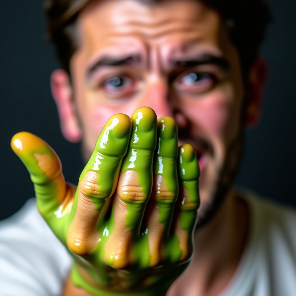 A close up shot of a hand covered in messy sticky honey and green sauce showing a detailed texture with a person making a subtle disgusted facial expression in the background high contrast lifestyle photography 4:3