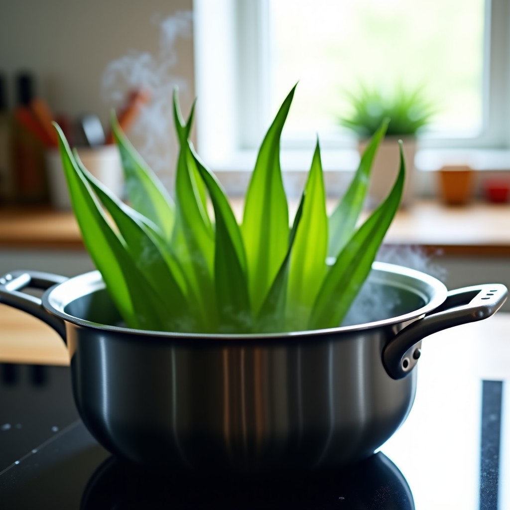 A pot of boiling water with vibrant green daylily leaves being blanched, steam rising, clean modern kitchen setting, informational style, 4:3
