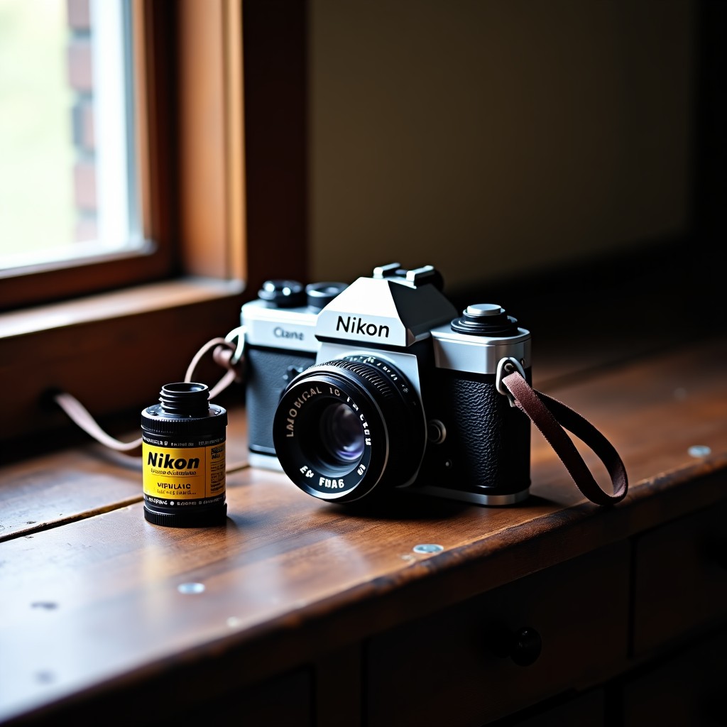 A classic vintage Nikon FM2 camera placed on a rustic dark wooden desk with a roll of 35mm film and a leather strap, soft natural light from a window, professional photography style, 4:3