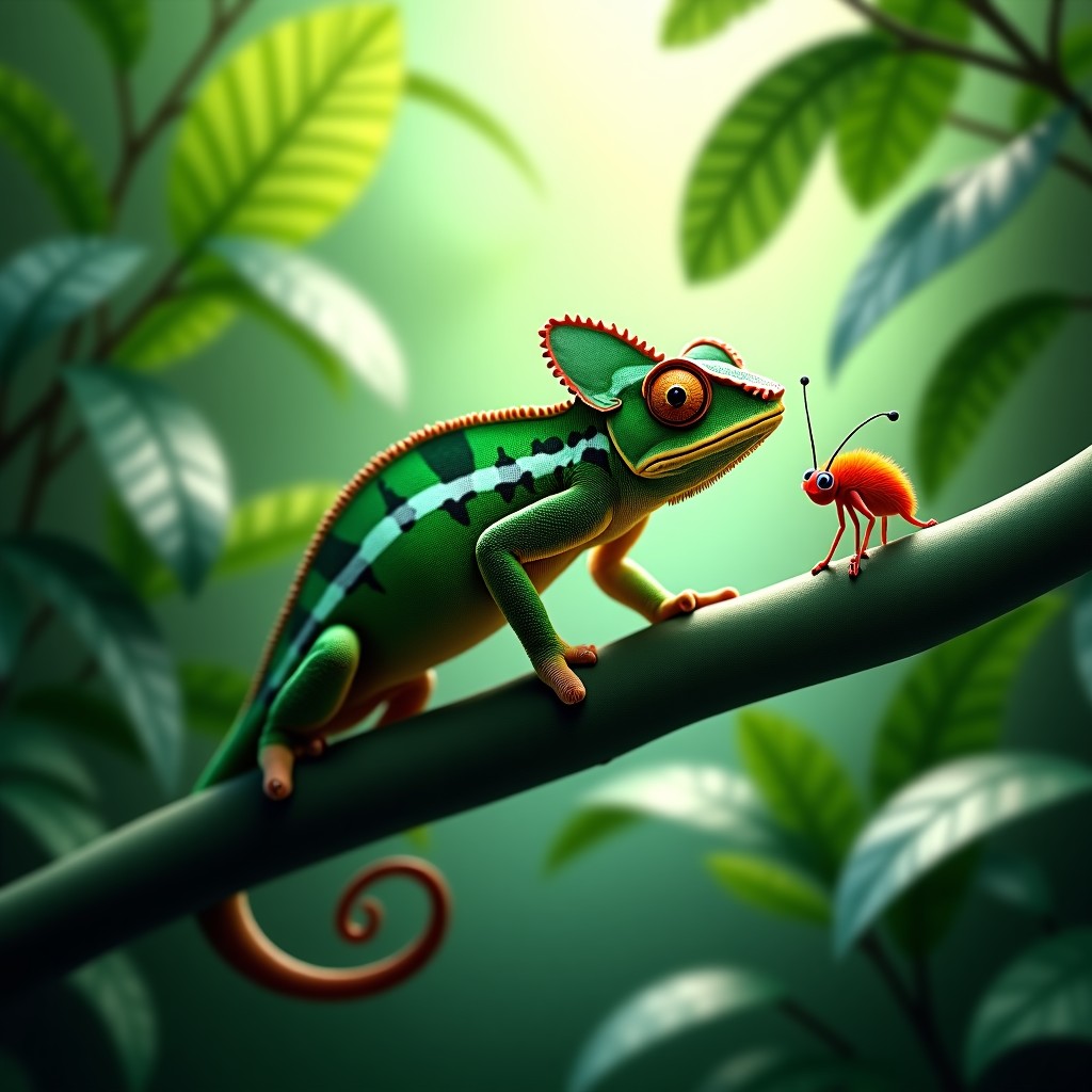 A realistic chameleon perched on a green branch, its eyes focusing intensely on a nearby insect, lush tropical jungle background, natural lighting, 4:3