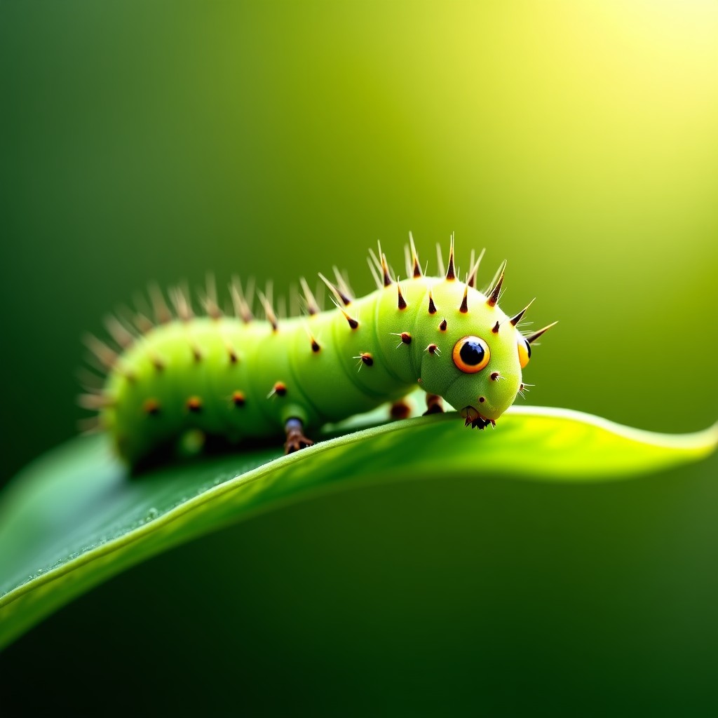 A detailed close-up of a green caterpillar eating the edge of a fresh green leaf, soft natural sunlight, macro photography style, 4:3