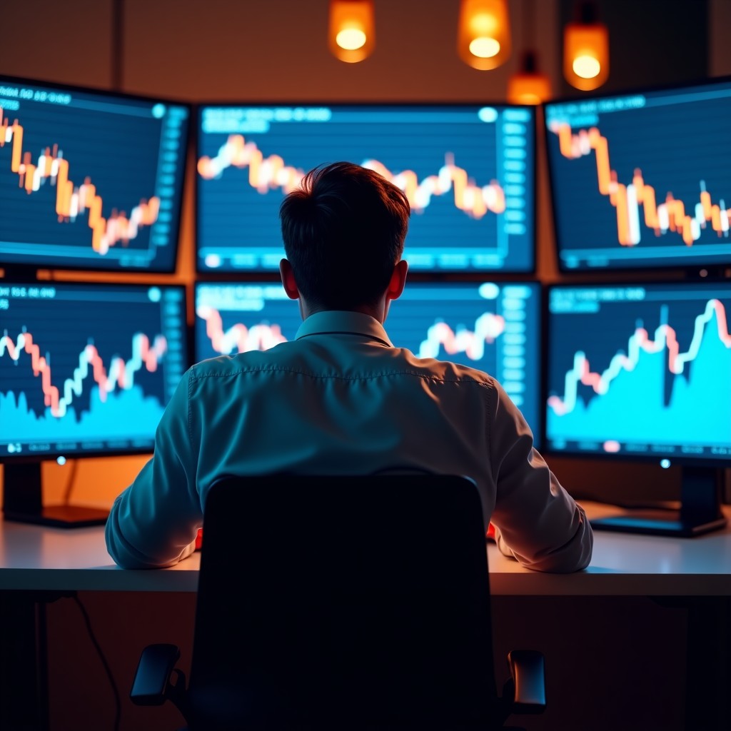 A realistic photo of a professional investor sitting at a desk with multiple monitors showing stock market charts of Nasdaq index in a modern office with warm lighting. 4:3
