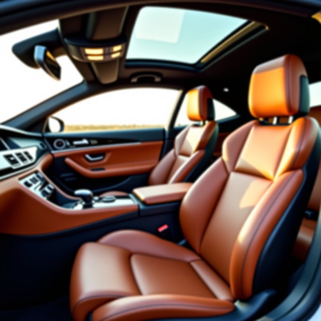 Interior of a high end vehicle with brown nappa leather seats and a panoramic glass roof with soft natural lighting 1:1