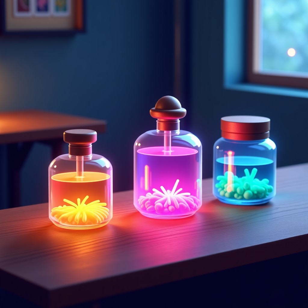 A collection of fantasy game items like glowing perfume bottles and jars of colorful bait placed on a wooden table. High contrast, modern layout, bright lighting. No text. 4:3