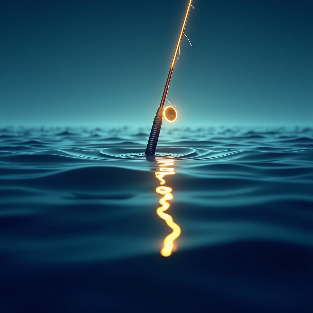 Close up shot of a stylized fishing rod with a glowing line stretching into the water. The water surface shows ripples and a dark fish shadow. Modern and clean layout, vibrant colors. No text. 1:1