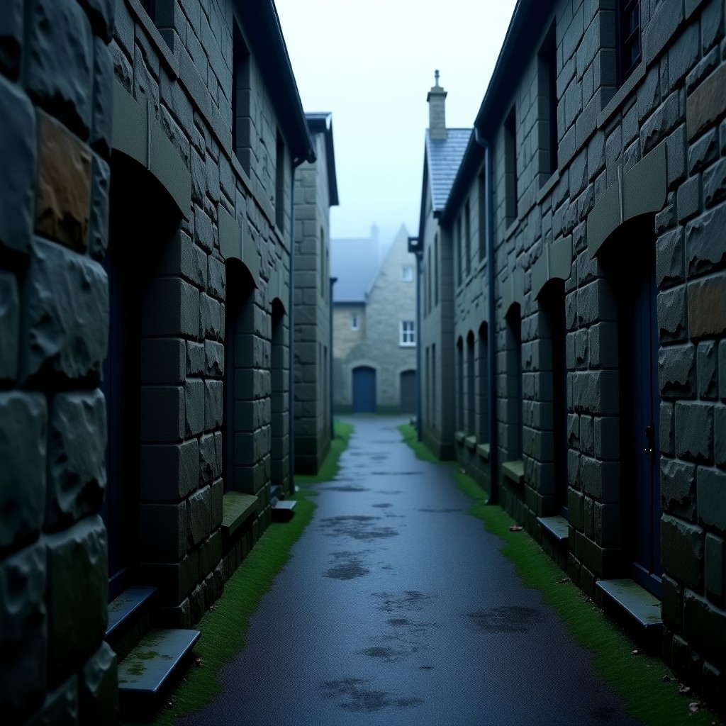 A narrow winding alleyway between old stone buildings in a Scottish village. The ground is damp, and the air is filled with mist. Dark and claustrophobic perspective, realistic architectural details. 4:3