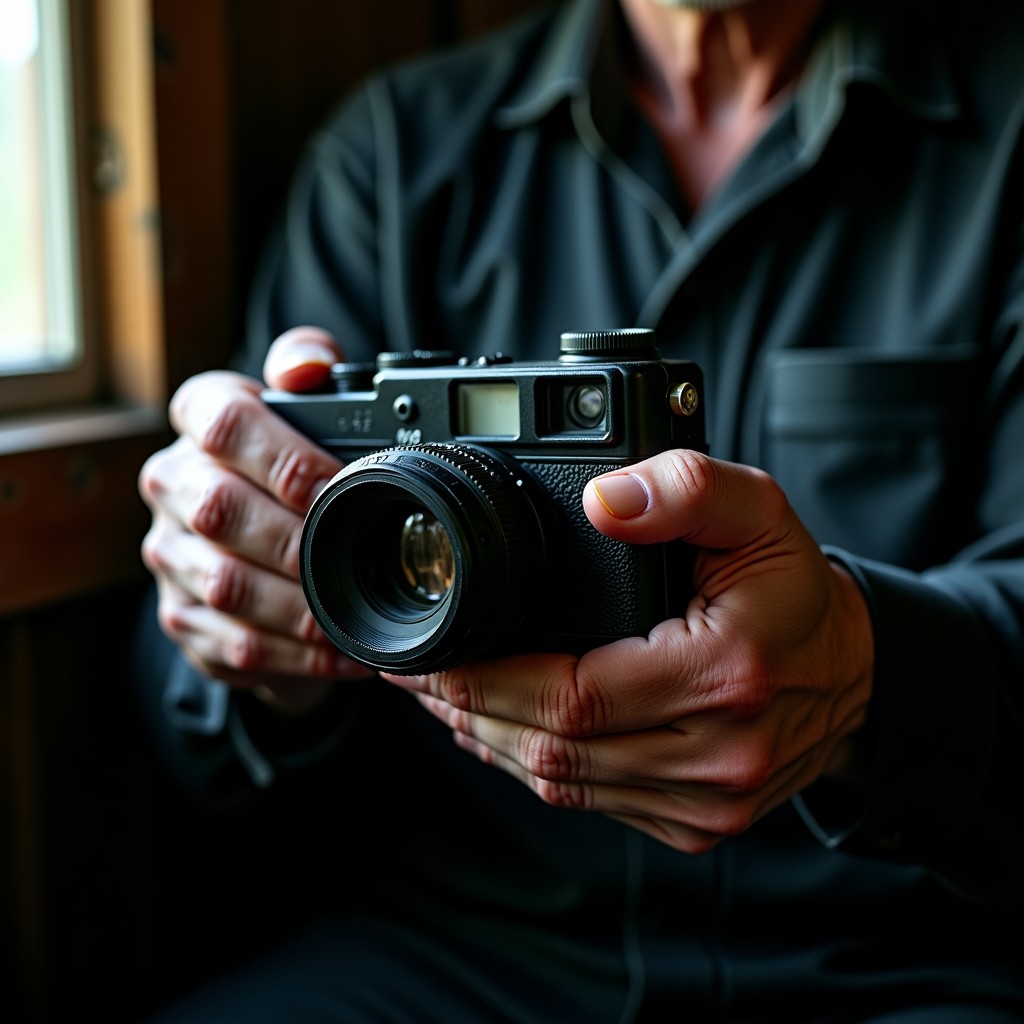 Close up of aged and wrinkled hands holding an old vintage black camera in a dark wooden cabin, dusty atmosphere, dramatic lighting, suspenseful mood, realistic cinematic photography, no text. 4:3