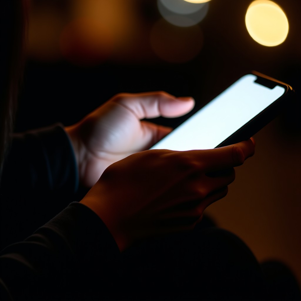 A close up shot of a woman hands holding a smartphone in a dark room, scrolling through messages. The screen glow illuminates the hands. No text on screen. Realistic, 4:3.