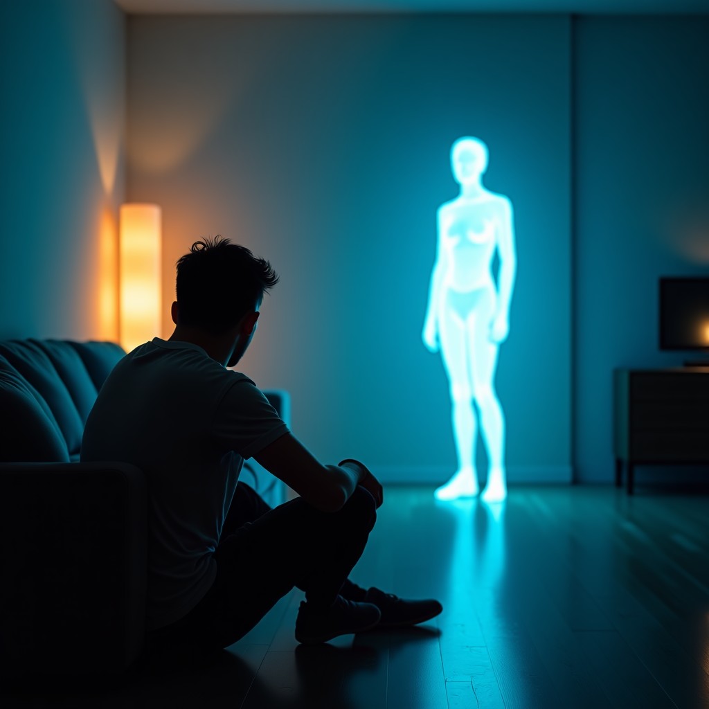 A conceptual image of a person sitting in a dimly lit room, with a translucent holographic version of themselves watching from a distance. The atmosphere is contemplative and slightly melancholic. Soft blue and warm amber lighting. Modern artistic style, cinematic composition. 1:1