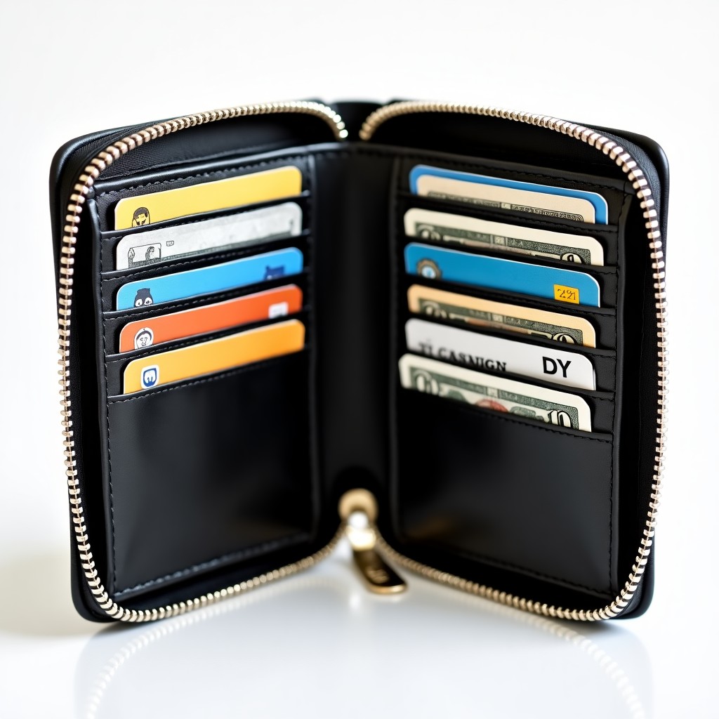 An open silver zipper wallet showing internal compartments with cards and folded bills, organized interior, lifestyle photography, 4:3