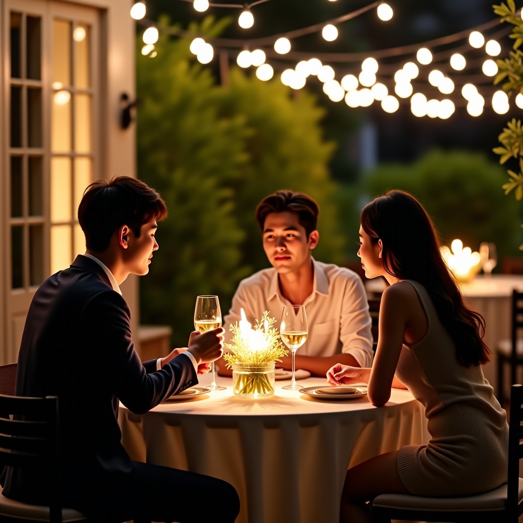 A modern and stylish outdoor garden party setting for a dating reality show. Young Korean men and women are sitting around a beautifully decorated table with soft lighting. The atmosphere is romantic and sophisticated. 1:1