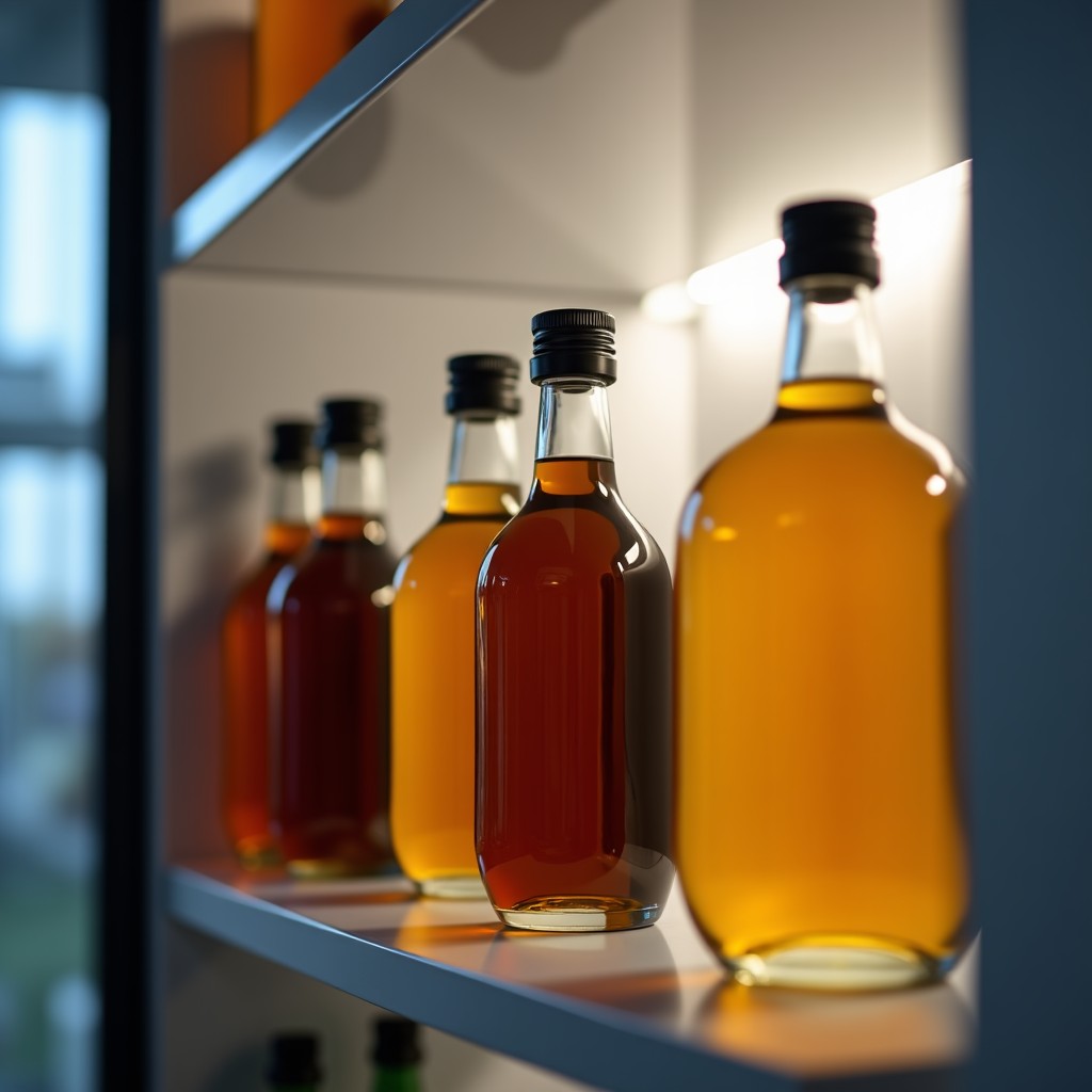 A dark amber glass bottle of oil stored in a organized modern refrigerator shelf, shallow depth of field, realistic indoor shot, 4:3