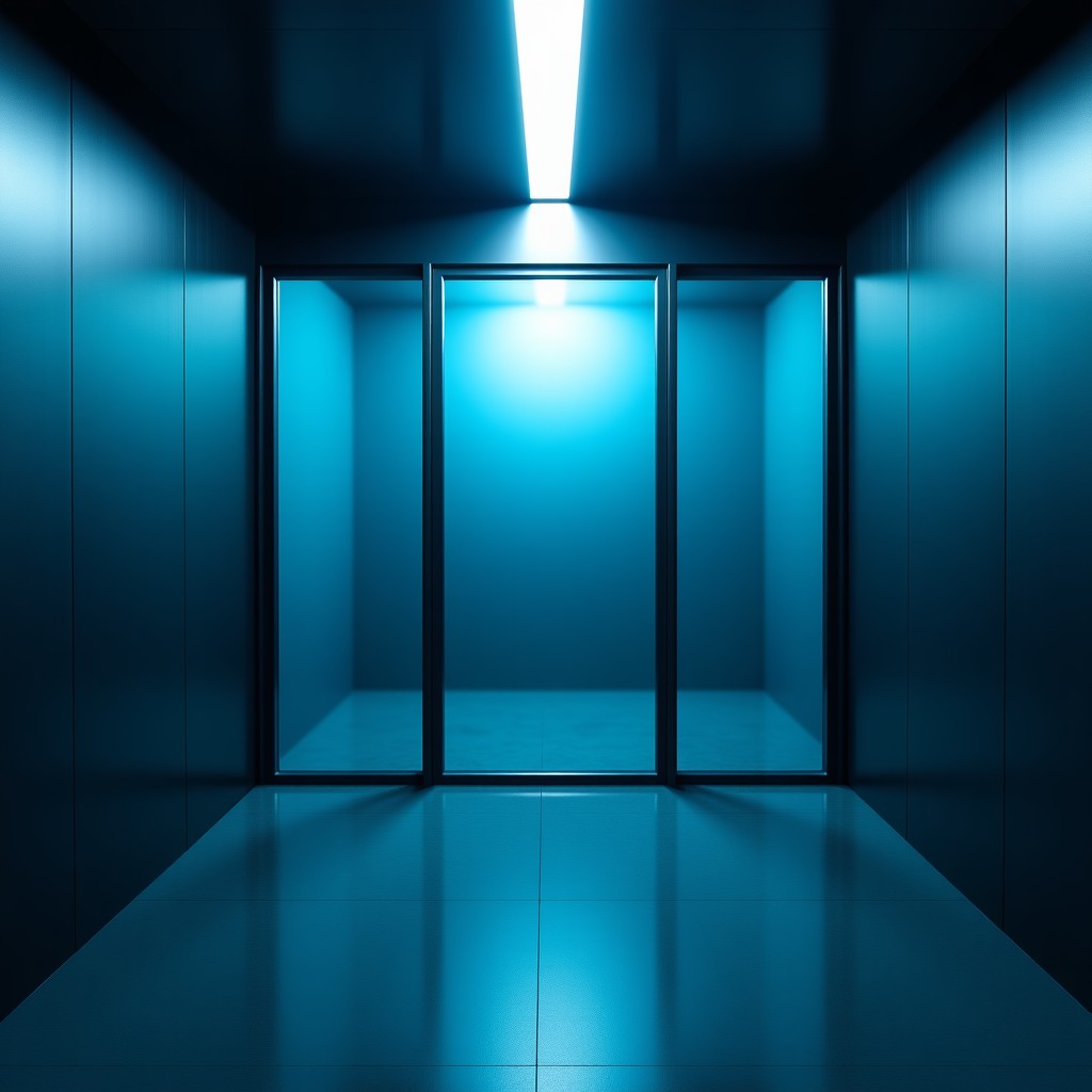 A modern and cold interrogation room with blue-toned lighting, a glass wall, professional investigation atmosphere, cinematic photography, 4:3