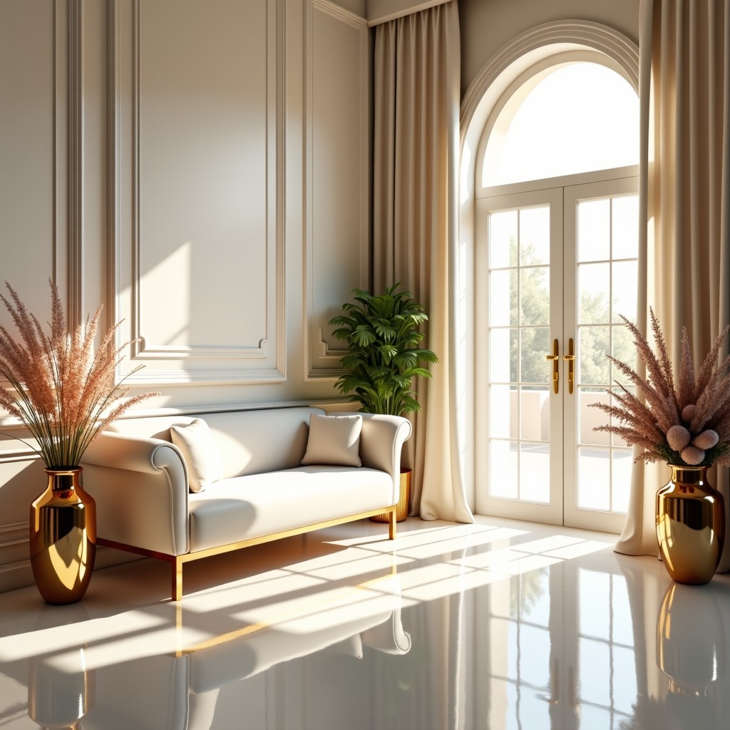 Spacious and bright luxury bride waiting room, white and gold interior, elegant floral arrangements, soft velvet sofa, warm sunlight coming through, 1:1