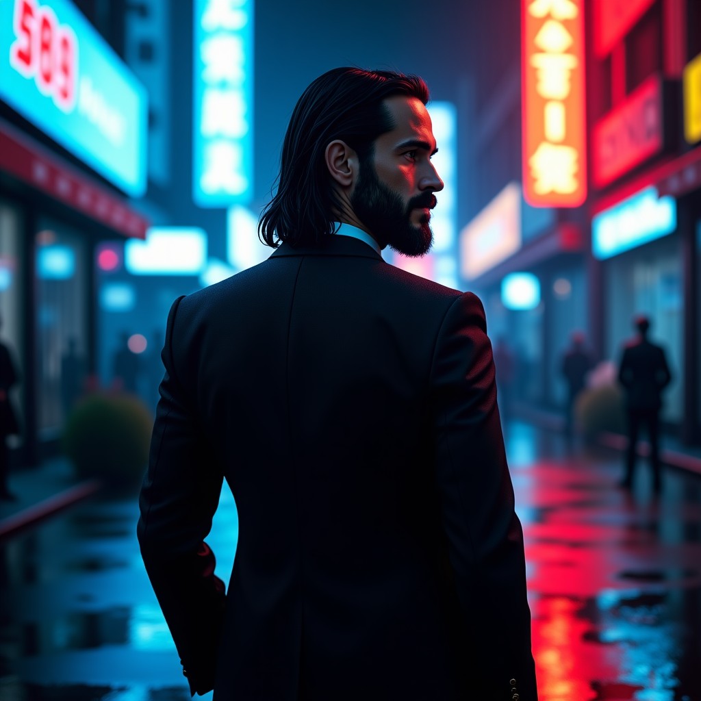 A cinematic scene of a mysterious hitman inspired by John Wick standing in a rain-slicked neon-lit city street at night. The character has a beard and long hair, wearing a sharp black suit. High contrast lighting with blue and red neon highlights. Cinematic atmosphere, photorealistic, 4:3