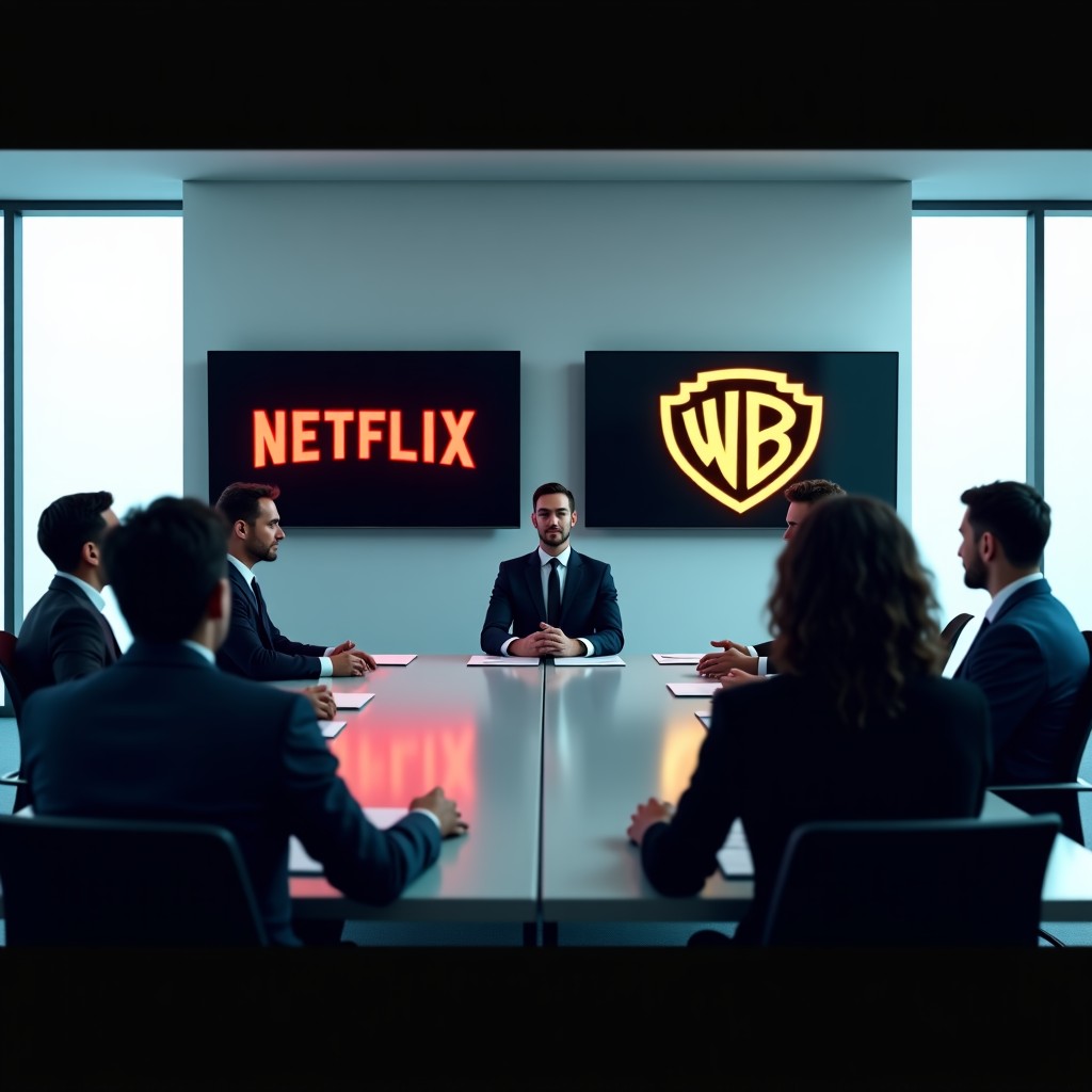 A professional corporate setting showing a high-stakes negotiation room, Netflix and Warner Bros logos subtly visible on background screens, modern digital office environment, natural lighting, 4:3
