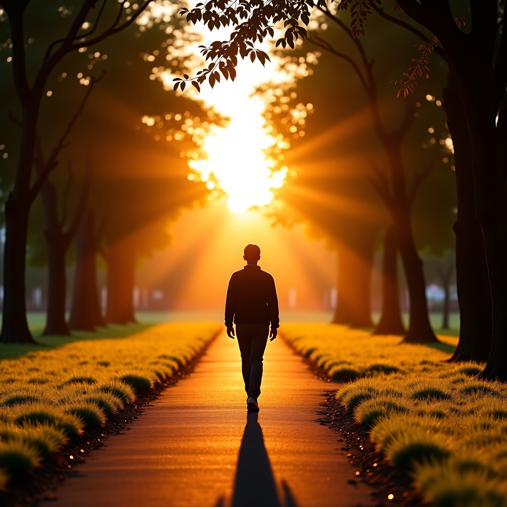 A person walking alone on a path in a beautiful park during a golden sunset. Long shadows, warm glowing light, peaceful and reflective mood, high quality photography style. 4:3