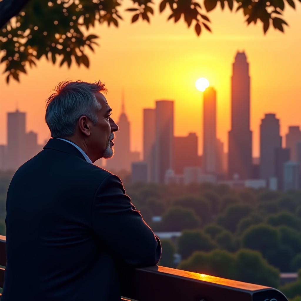 A middle-aged man sitting on a park bench looking at the city skyline during a golden sunset, warm lighting, pensive expression, detailed urban background, 4:3