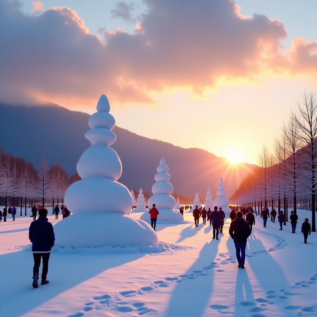 A beautiful sunset over the snow-covered Taebaek mountains. The golden hour light hits the large snow sculptures in the plaza. People are walking peacefully, leaving footprints in the fresh snow. High quality photography, serene atmosphere. 4:3