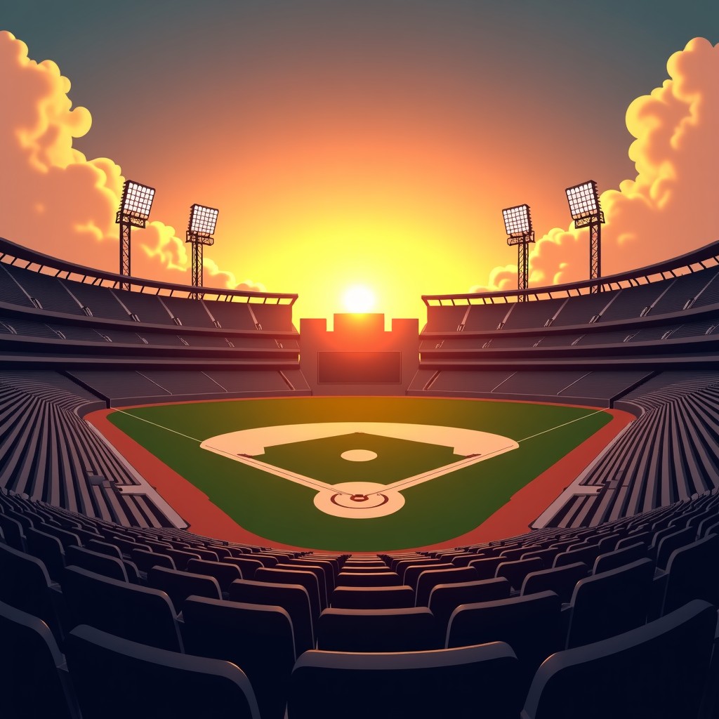 A wide angle view of an empty baseball stadium during sunset, warm golden hour light, peaceful but melancholic atmosphere, detailed environment, 4:3