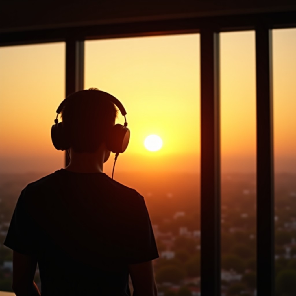 A person looking out of a large window during a golden sunset with large over-ear headphones on, calm and peaceful atmosphere, cinematic composition, 4:3