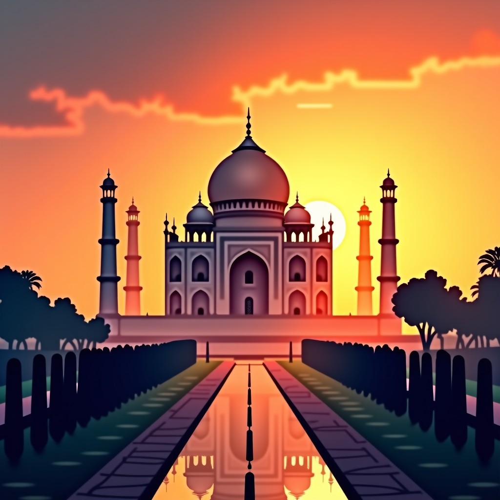 Wide landscape of the Taj Mahal at sunset with a colorful orange sky, detailed composition, history and culture style, 4:3