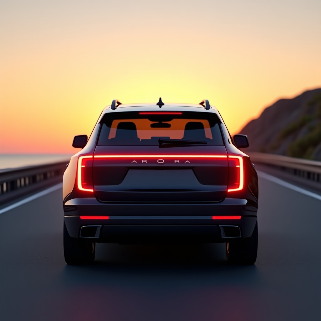 Rear view of a luxury SUV driving on a coastal road at sunset with 3D tail lights and dual tone body 1:1