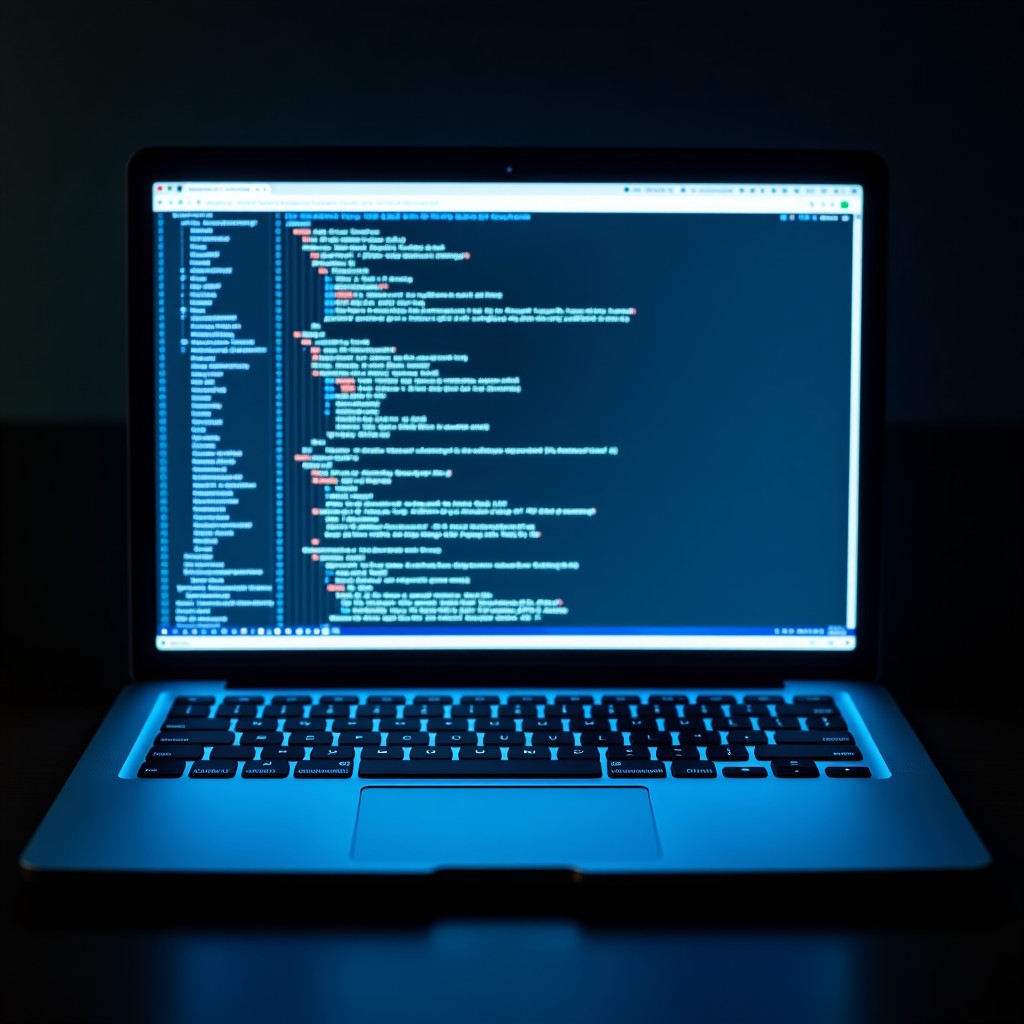 Close up of a laptop screen displaying complex programming code in a dark room, glowing blue light, cinematic atmosphere, 4:3