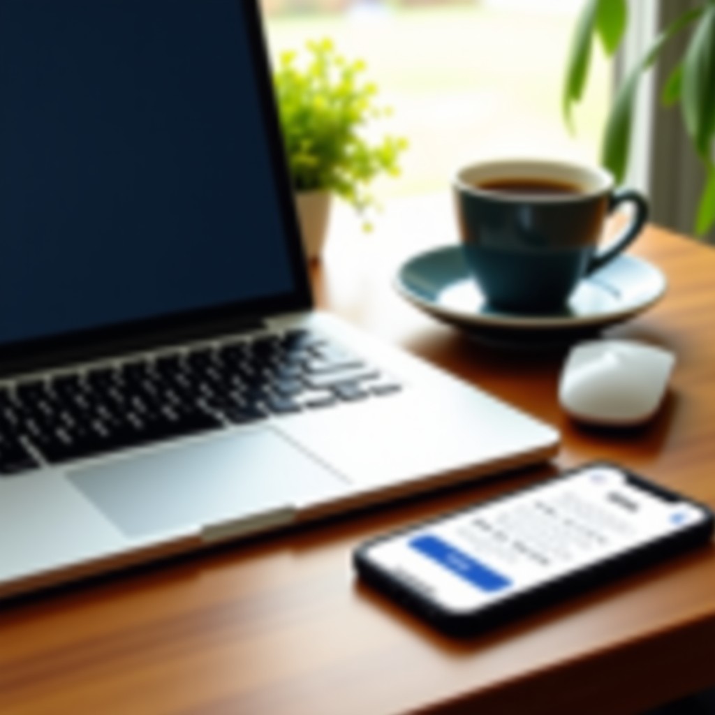 A clean and organized wooden desk with a laptop, a smartphone displaying a learning app interface, and a cup of coffee. Soft lighting, cozy and productive mood. No text visible. 1:1