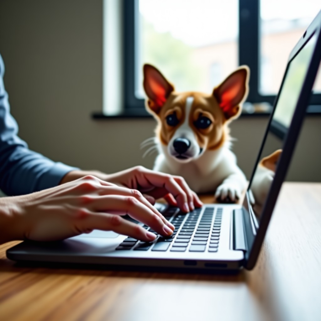 A close-up of a person hands using a laptop on a wooden desk. A small dog is sitting beside the laptop looking at the screen. Bright office lighting, clean composition, high contrast, 4:3