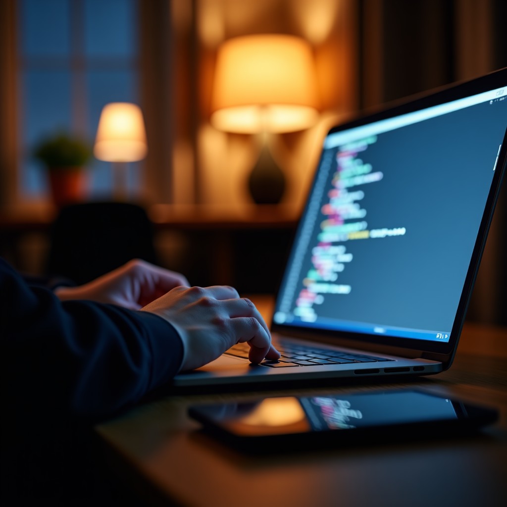 Close up of a person hands typing on a modern laptop in a dimly lit room with soft ambient lighting. On the screen, some abstract lines of code are visible. Professional lifestyle photography, 4:3