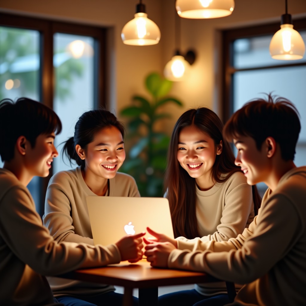 A group of Korean young adults sitting in a cozy cafe, looking at a laptop and smiling. They are having a safe and friendly online conversation. Warm lighting, natural setting, 4:3.