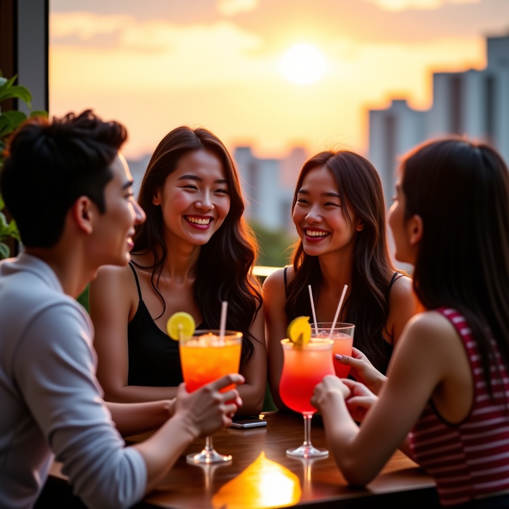 A group of stylish young Korean adults at a trendy outdoor bar laughing and talking, holding colorful mocktails with fruit garnishes, urban sunset background, natural lighting, 4:3.
