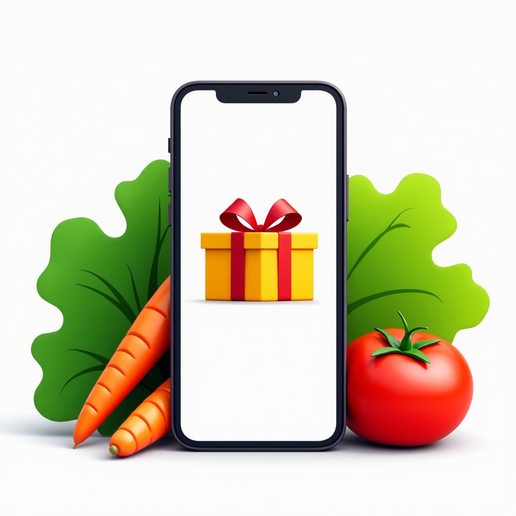 A modern digital gift certificate icon displayed on a smartphone screen surrounded by fresh, vibrant vegetables like lettuce, carrots, and tomatoes. High contrast, clean layout, bright lighting. 1:1