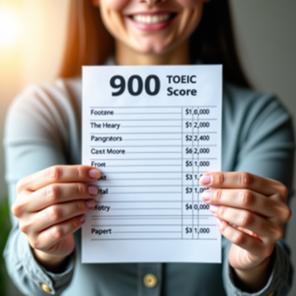 Close up of a person's hands holding a TOEIC score report with a high score like 900, feeling of achievement, bright and celebratory mood, soft focus background, 1:1