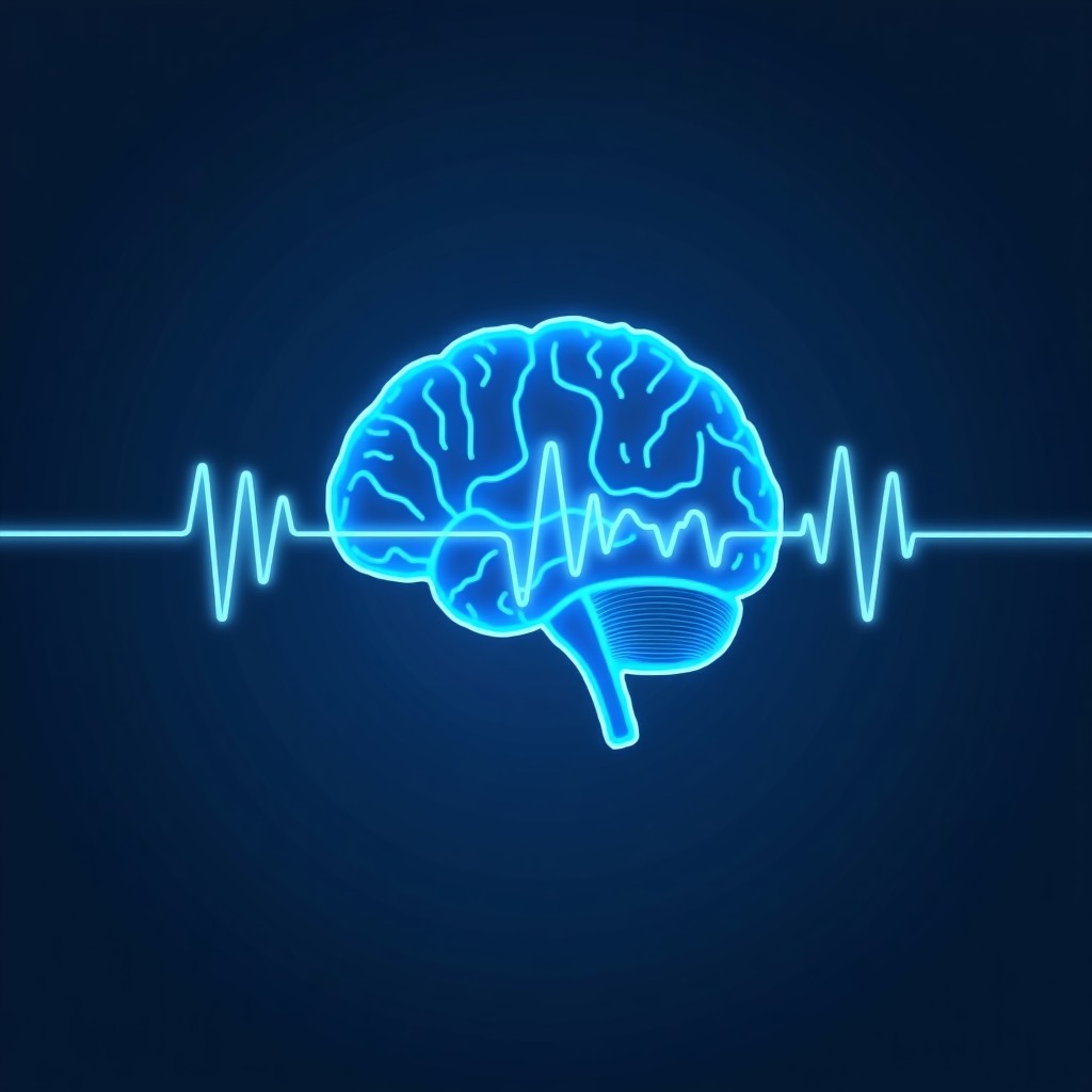 Modern and clean infographic showing calming blue brain waves and neural connections, stylized medical illustration, professional layout, high contrast, 1:1