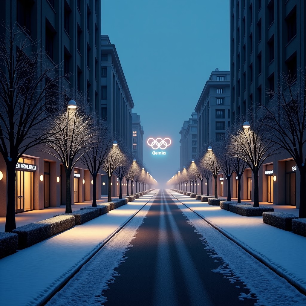 A cinematic night view of Milan city covered in light snow with the Olympic rings glowing in the distance. High contrast, modern urban layout, realistic photography style. 4:3