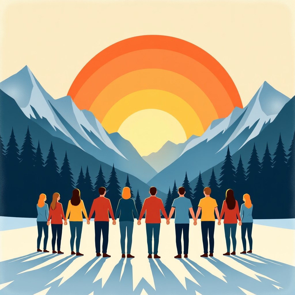 An artistic illustration of several people holding hands in a circle against a backdrop of majestic snowy mountains and a sunrise. Symbolic of unity and peace. Textured background, soft colors, 4:3
