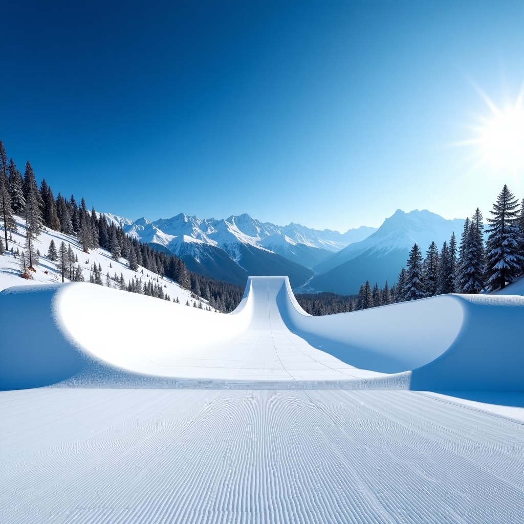A wide shot of a snowy Olympic snowboarding halfpipe stadium in the Alps, blue sky, high contrast, 4:3