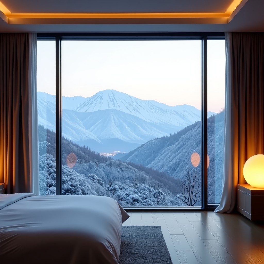 A luxury hotel room interior with a large window showing a breathtaking panoramic view of snow-covered Taebaek mountains in Korea. Warm indoor lighting, minimalist wooden furniture. Cinematic photography, realistic. 4:3