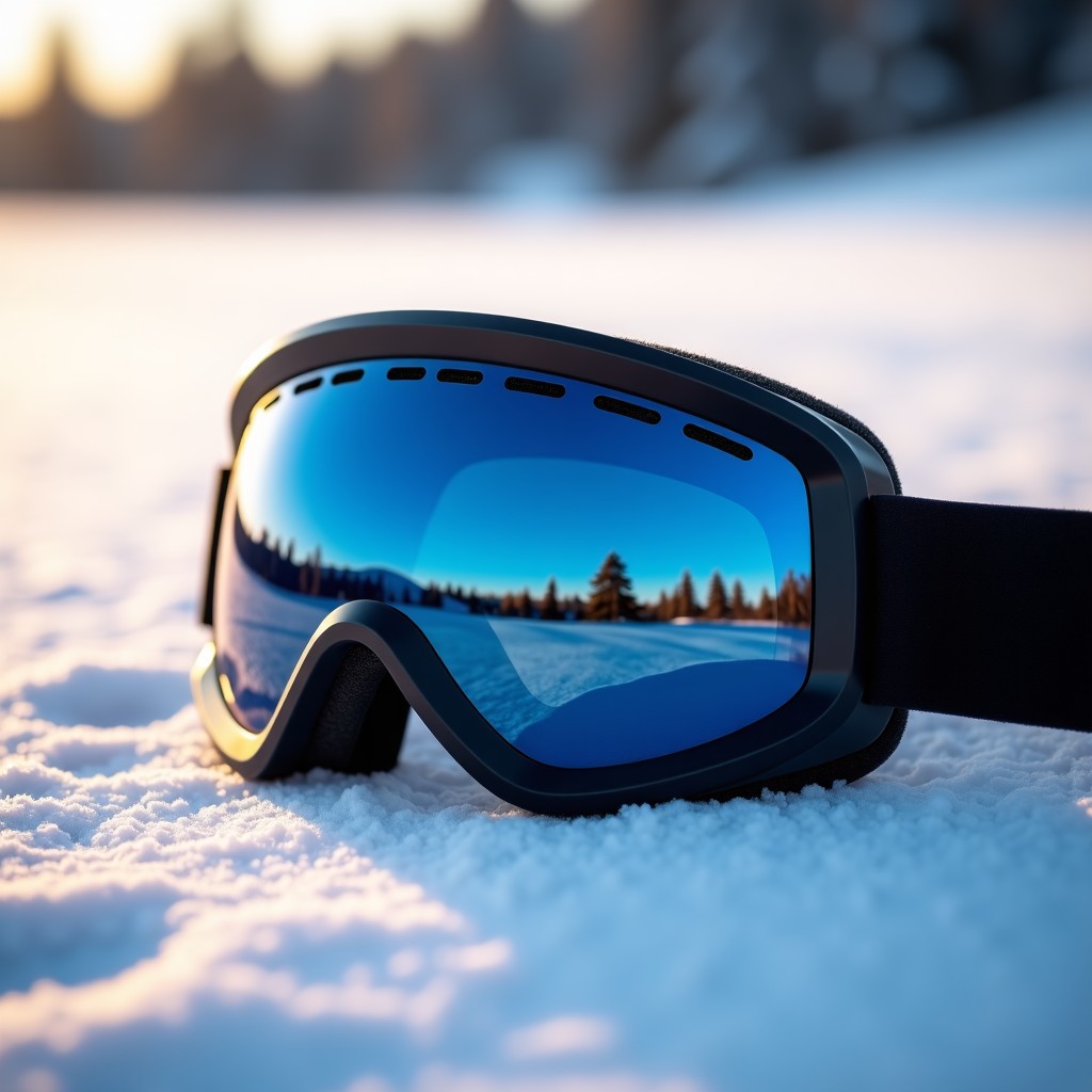 Close-up of a professional snowboard and goggles resting on fresh white snow, morning sunlight, detailed texture, 4:3