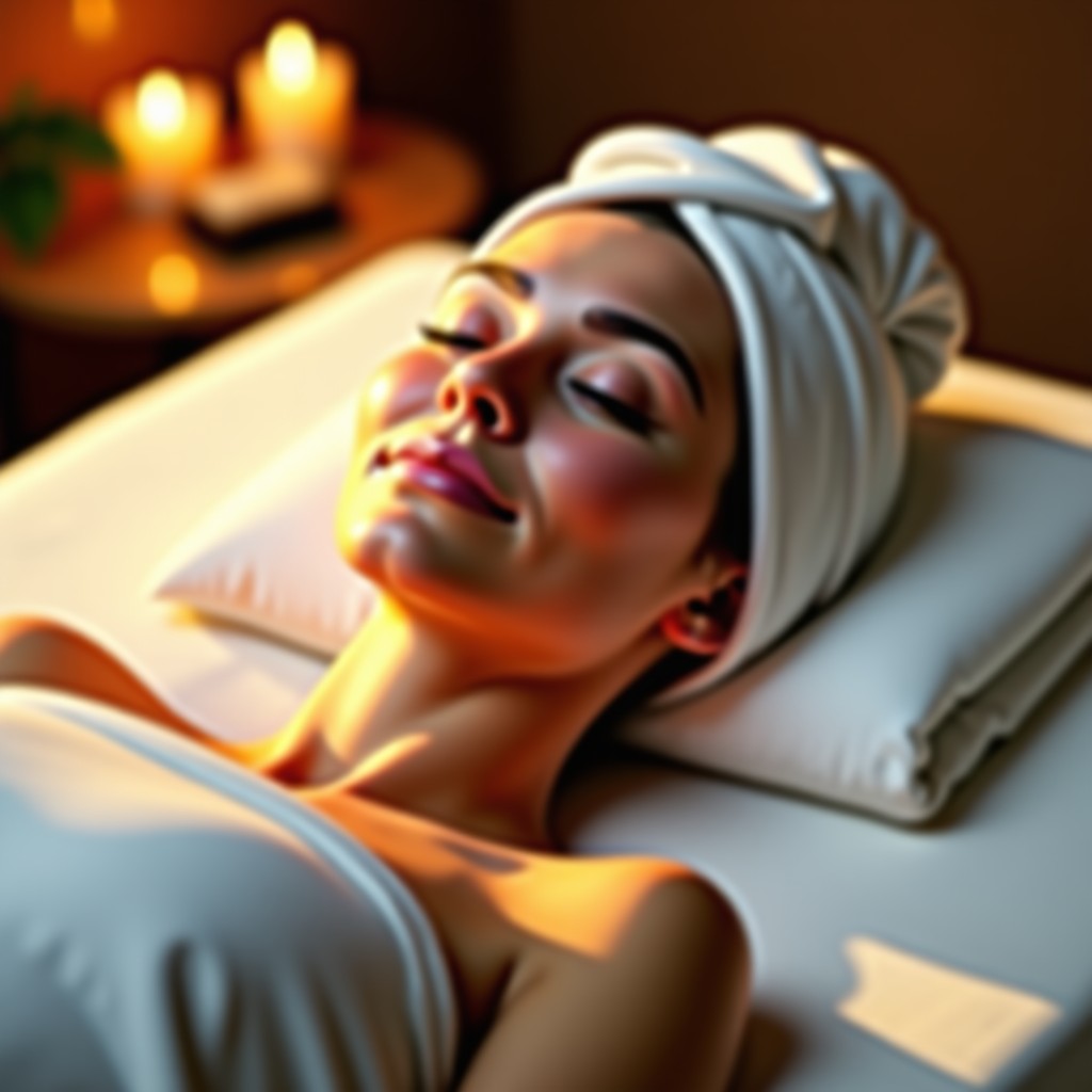 A person lying down comfortably with a warm towel over their eyes, relaxing spa atmosphere, soft lighting, warm tones, 4:3