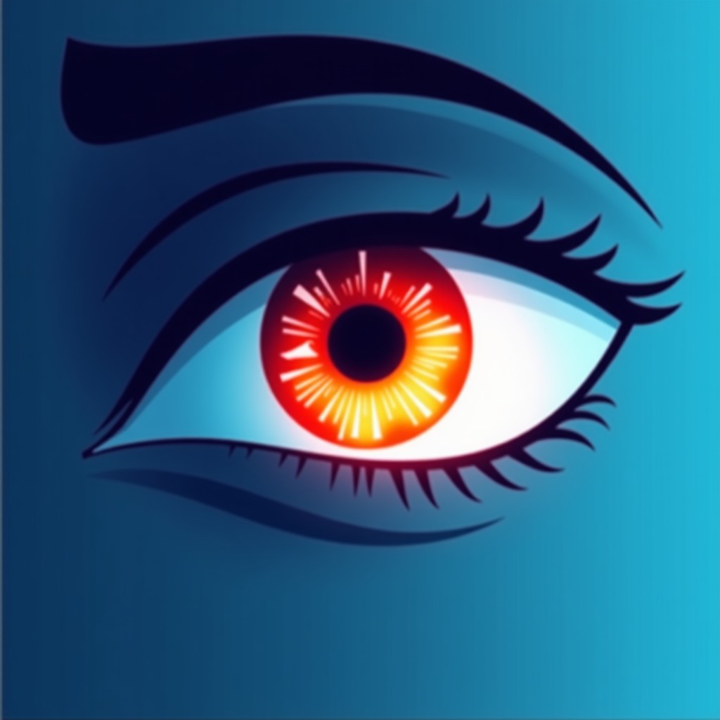 A modern infographic style illustration showing a human eye with subtle glowing red areas indicating pain or strain, high contrast blue and orange color palette, clean layout, professional medical feel, 1:1